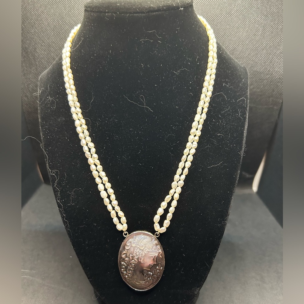 Elegant Double Strand Freshwater Pearl Necklace with Mother of Pearl Cameo
